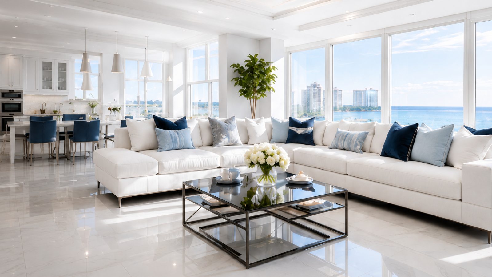 Bright white living room with navy accent pillows and floor-to-ceiling windows overlooking the ocean