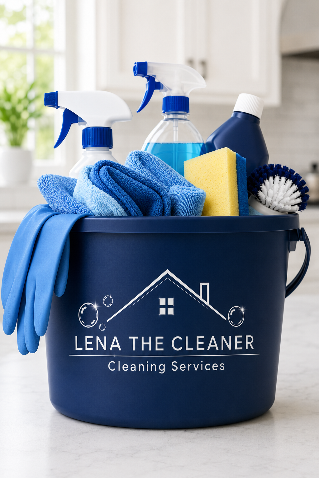 Navy Lena The Cleaner bucket filled with spray bottles, microfiber cloths, sponge, and brushes on a bright kitchen counter